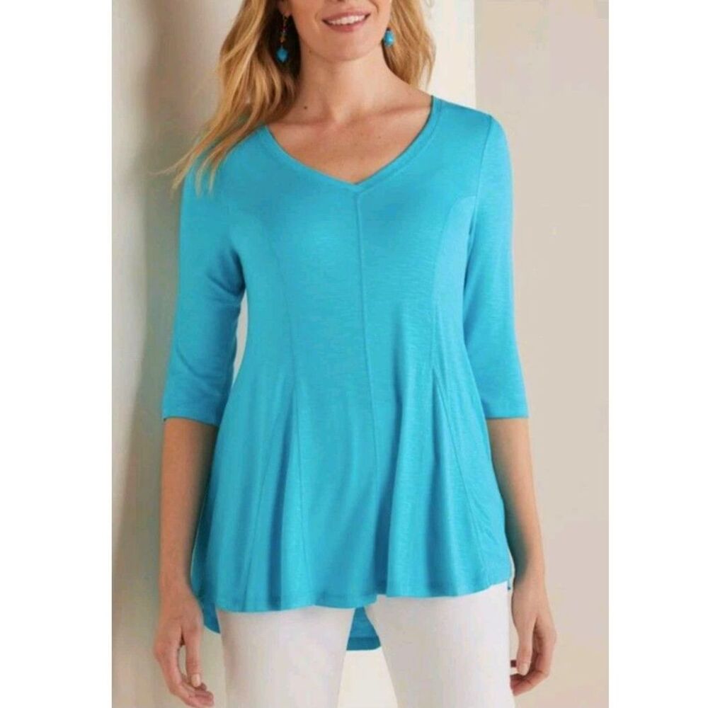 Soft Surroundings V-Neck Tunic Top Casual Relaxed Fit Turquoise Blue Sz L